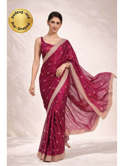 KAYOMMI - Women Magenta Satin Embroidered Pre Draped Saree with Unstitched Blouse