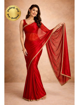 KAYOMMI - Women Red Satin Solid Pre Draped Saree with Unstitched Blouse