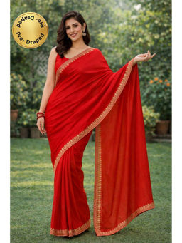 KAYOMMI - Women Red Satin Embroidered Pre Draped Saree with Unstitched Blouse
