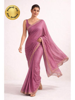KAYOMMI - Pink Georgette Minimal Embroidered Border Ready To Wear Saree with Unstitched Blouse