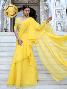 Lavanya The Label - Yellow Georgette Saree with Stitched Blouse