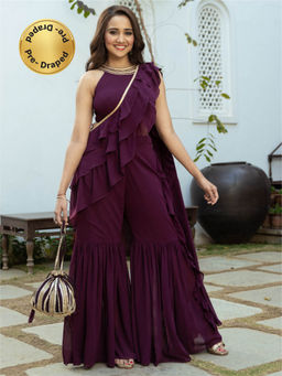 Lavanya The Label - Purple Georgette Sharara Saree with Stitched Blouse