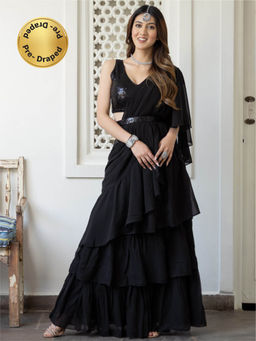 Lavanya The Label - Black Georgette Saree with Stitched Blouse With Belt