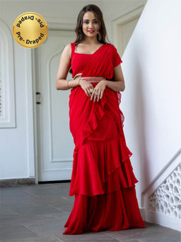 Lavanya The Label - Red Georgette Saree with Stitched Blouse