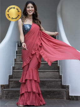 Lavanya The Label - Carrot Pink Georgette Sharara Saree with Stitched Blouse