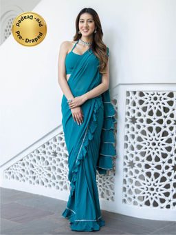 Lavanya The Label - Green Georgette Saree with Stitched Blouse