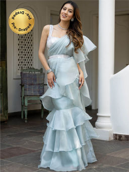 Lavanya The Label - Marian Blue Sequin Organza Saree with Stitched Blouse