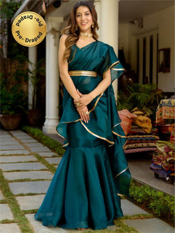 Lavanya The Label - Green Organza Saree with Stitched Blouse