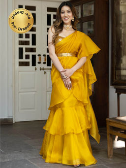 Lavanya The Label - Yellow Sequin Organza Ruffled Saree with Stitched Blouse
