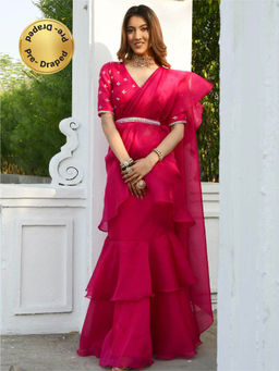 Lavanya The Label - Pink Organza Ruffle Saree (Set of 3)