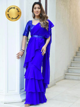 Lavanya The Label - Royal Blue Georgette Ruffle Saree (Set of 3)