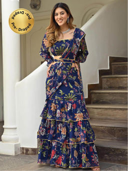 Lavanya The Label - Navy Blue Printed Ruffle Saree with Stitched Blouse With Belt