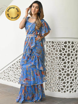 Lavanya The Label - Sky Blue Printed Ruffle Saree with Stitched Blouse
