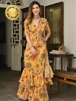 Lavanya The Label - Yellow Printed Ruffle Saree with Stitched Blouse