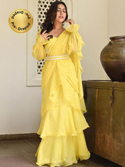 Lavanya The Label - Lemon Yellow Ruffle Saree with Stitched Blouse