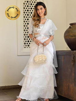 Lavanya The Label - White Organza Ruffle Saree with Stitched Blouse