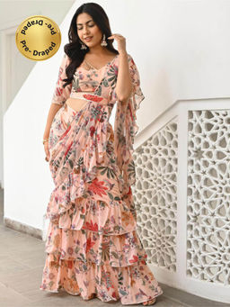 Lavanya The Label - Peach Printed Ruffle Saree with Stitched Blouse