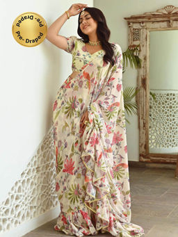 Lavanya The Label - Light Green Printed Ruffle Saree with Stitched Blouse
