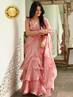 Lavanya The Label - Pink Organza Ruffled Saree & Belt with Stitched Blouse (Set of 3)