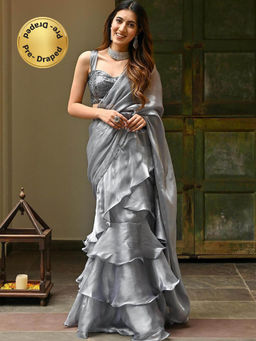 Lavanya The Label - Grey Organza Ruffled Saree & Belt with Stitched Blouse (Set of 3)