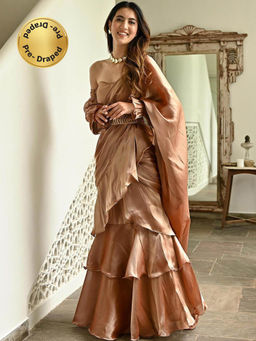 Lavanya The Label - Brown Organza Ruffled Saree & Belt with Stitched Blouse (Set of 3)
