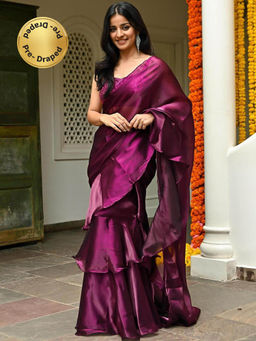 Lavanya The Label - Magenta Organza Ruffled Saree with Stitched Blouse