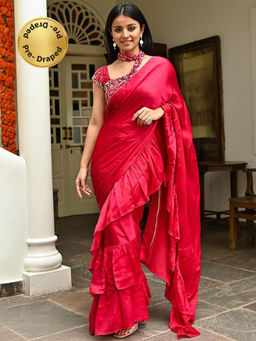 Lavanya The Label - Pink Silk Ruffled Saree with Stitched Blouse