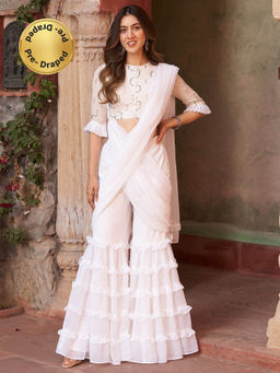 Lavanya The Label - White Sharara Saree With Stitched Blouse