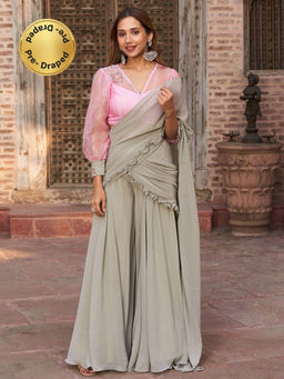 Lavanya The Label - Pink And Grey Palazzo Saree with Stitched Blouse