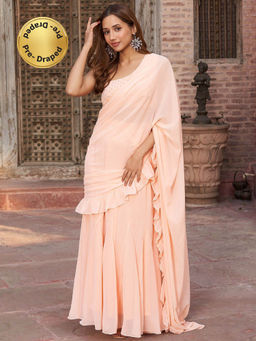 Lavanya The Label - Baby Peach Draped Saree with Stitched Blouse