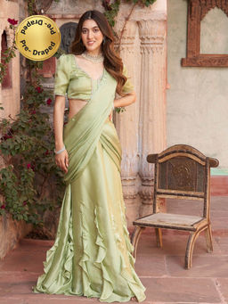 Lavanya The Label - Nature Green Draped Ruffle Saree with Stitched Blouse