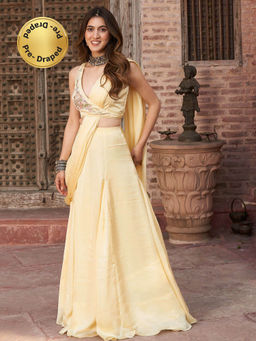 Lavanya The Label - Lemon Pleated Drape Saree with Stitched Blouse