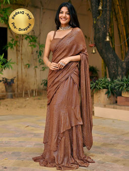 Lavanya The Label - Brown Lurex Pre Draped Saree with Stitched Blouse