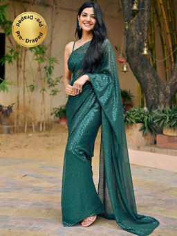 Lavanya The Label - Green Sequin Ready To Wear Saree with Stitched Blouse