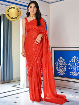 Lavanya The Label - Red Sequin Ready To Wear Saree with Stitched Blouse