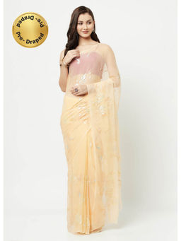 La Vastraa - Lemon Yellow Hand Painted Chiffon Saree With Unstitched Blouse