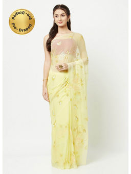 La Vastraa - Yellow Hand Painted Chiffon Saree With Unstitched Blouse
