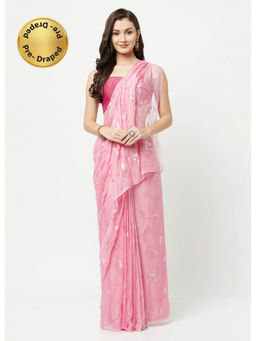La Vastraa - Pink Pearl Hand Painted Chiffon Saree With Unstitched Blouse