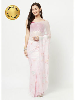 La Vastraa - Pearl Hand Painted Light Pink Chiffon Saree With Unstitched Blouse