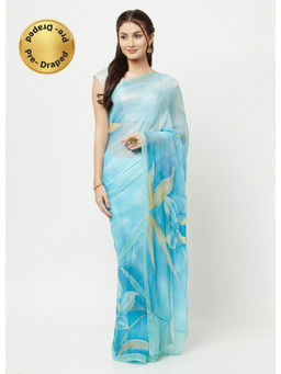 La Vastraa - Hand Painted Blue Chiffon Saree With Unstitched Blouse
