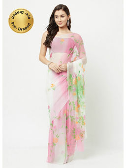 La Vastraa - Hand Painted Pink-Green Shaded Chiffon Saree With Unstitched Blouse