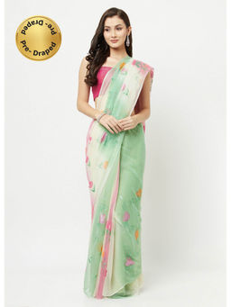 La Vastraa - Hand Painted Green-Pink Shaded Chiffon Saree With Unstitched Blouse