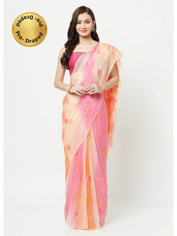 La Vastraa - Hand Painted Pink-Orange Shaded Chiffon Saree With Unstitched Blouse