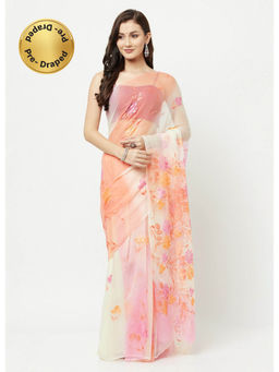 La Vastraa - Hand Painted Orange-Pink Shaded Chiffon Saree With Unstitched Blouse