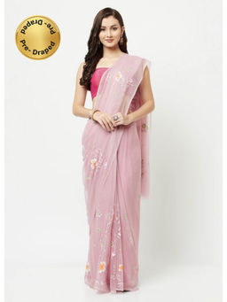 La Vastraa - Floral Painted Light Purple Chiffon Saree With Unstitched Blouse