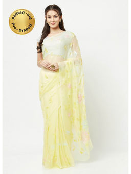 La Vastraa - Hand Painted Chiffon Yellow Saree With Unstitched Blouse