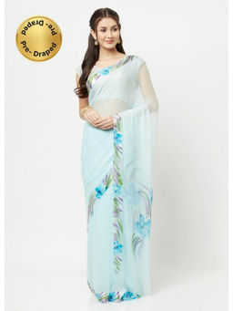 La Vastraa - Hand Painted Floral Design Blue Satin Border Saree With Unstitched Blouse