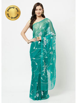 La Vastraa - Pearl Hand Painted Green Chiffon Saree With Unstitched Blouse