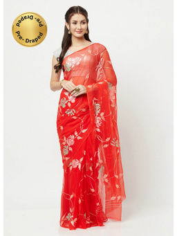 La Vastraa - Pearl Hand Painted Red Chiffon Saree With Unstitched Blouse