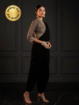 Libas Art - Black Embroidered Stitched Blouse with Saree with Attached Pallu